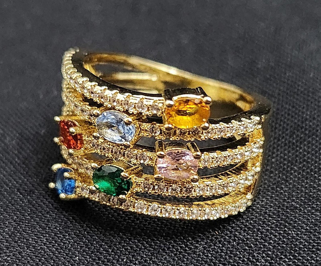 Fabulous Multi-Gemstone CZ Gold-Tone Ring with Pavé CZ Accents