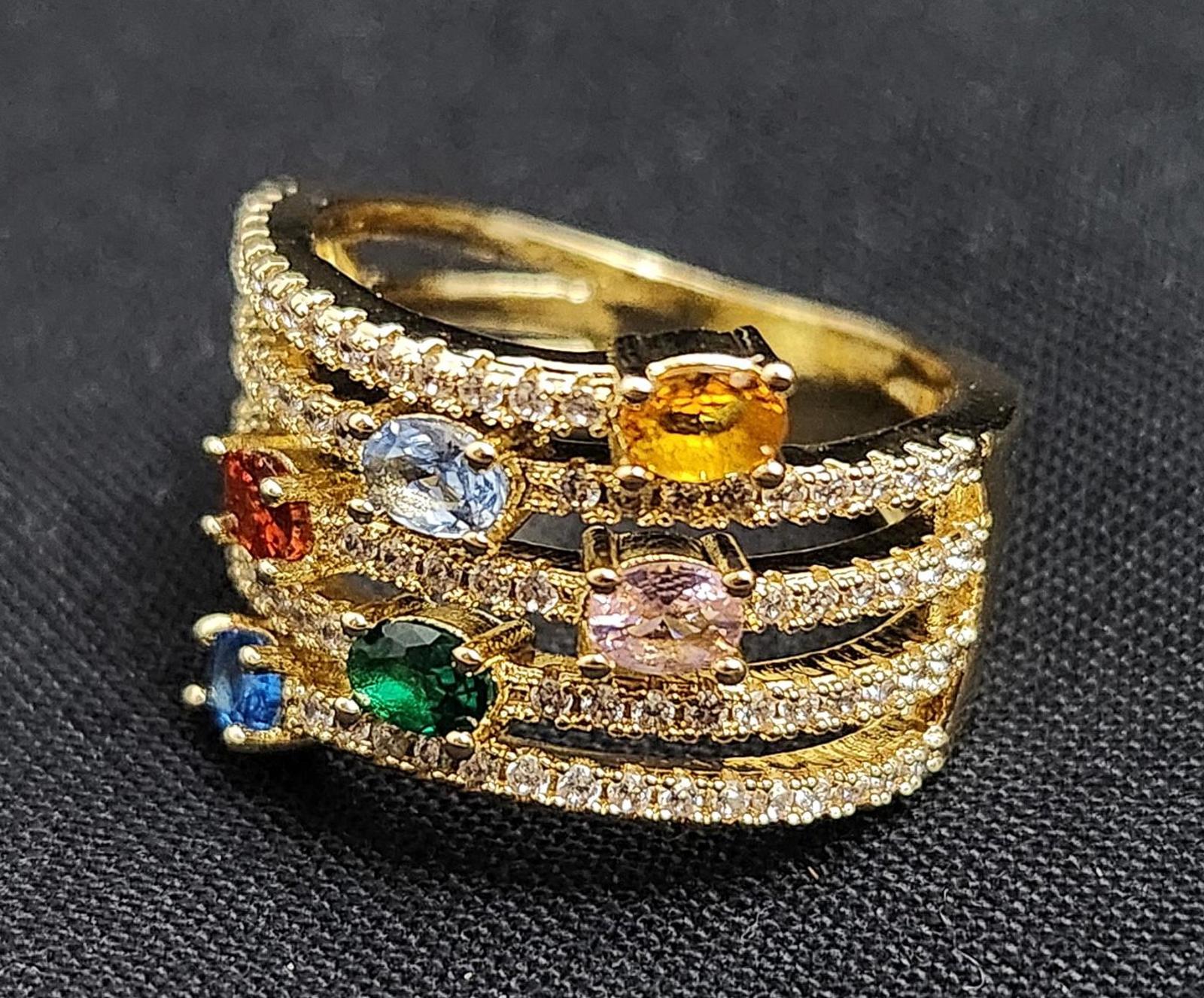 Fabulous Multi-Gemstone CZ Gold-Tone Ring with Pavé CZ Accents