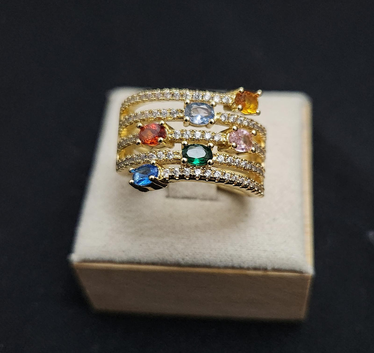Fabulous Multi-Gemstone CZ Gold-Tone Ring with Pavé CZ Accents
