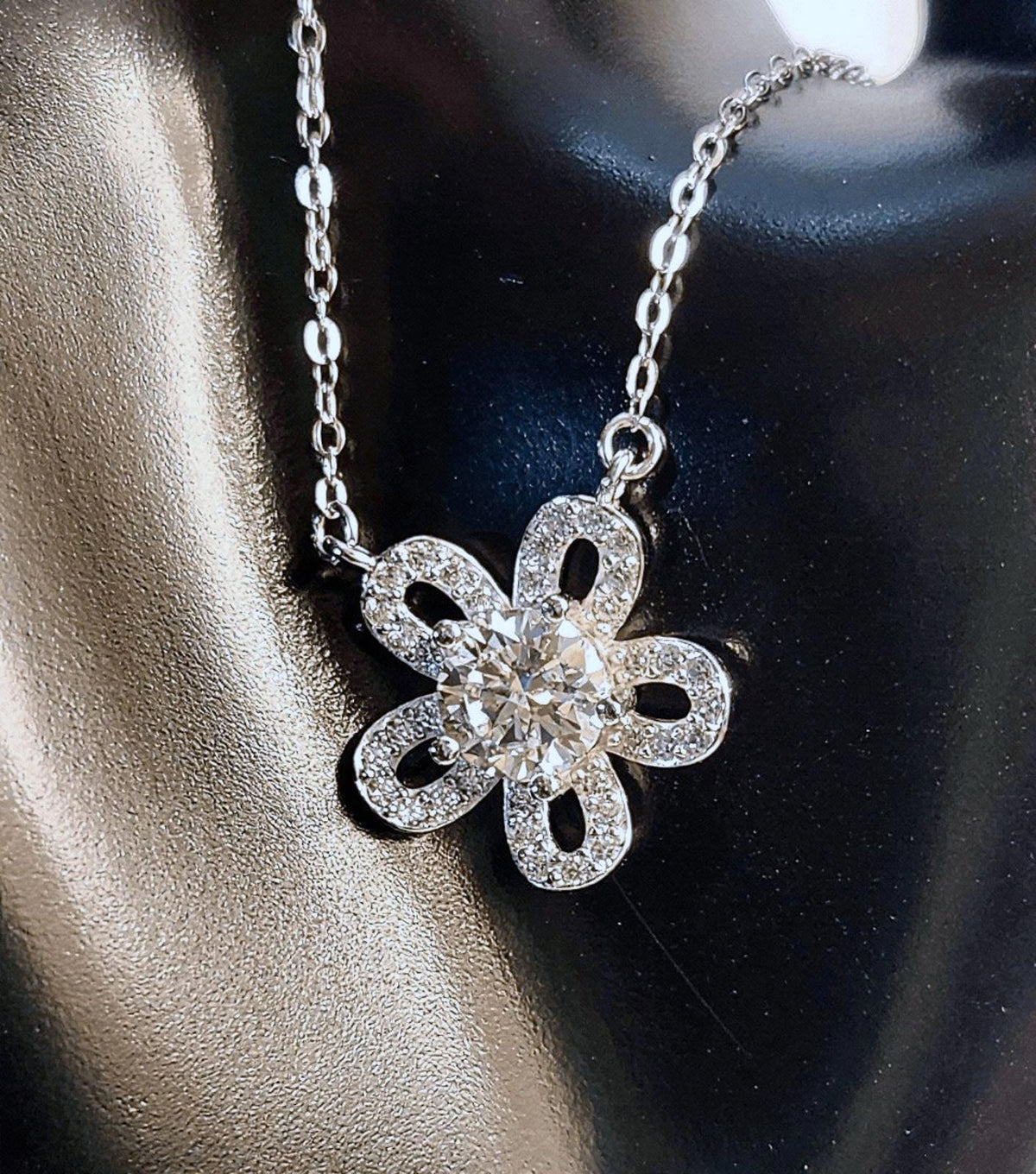 Gorgeous 1 Carat Moissanite & Sterling Flower Necklace - Ladies - 16 inches