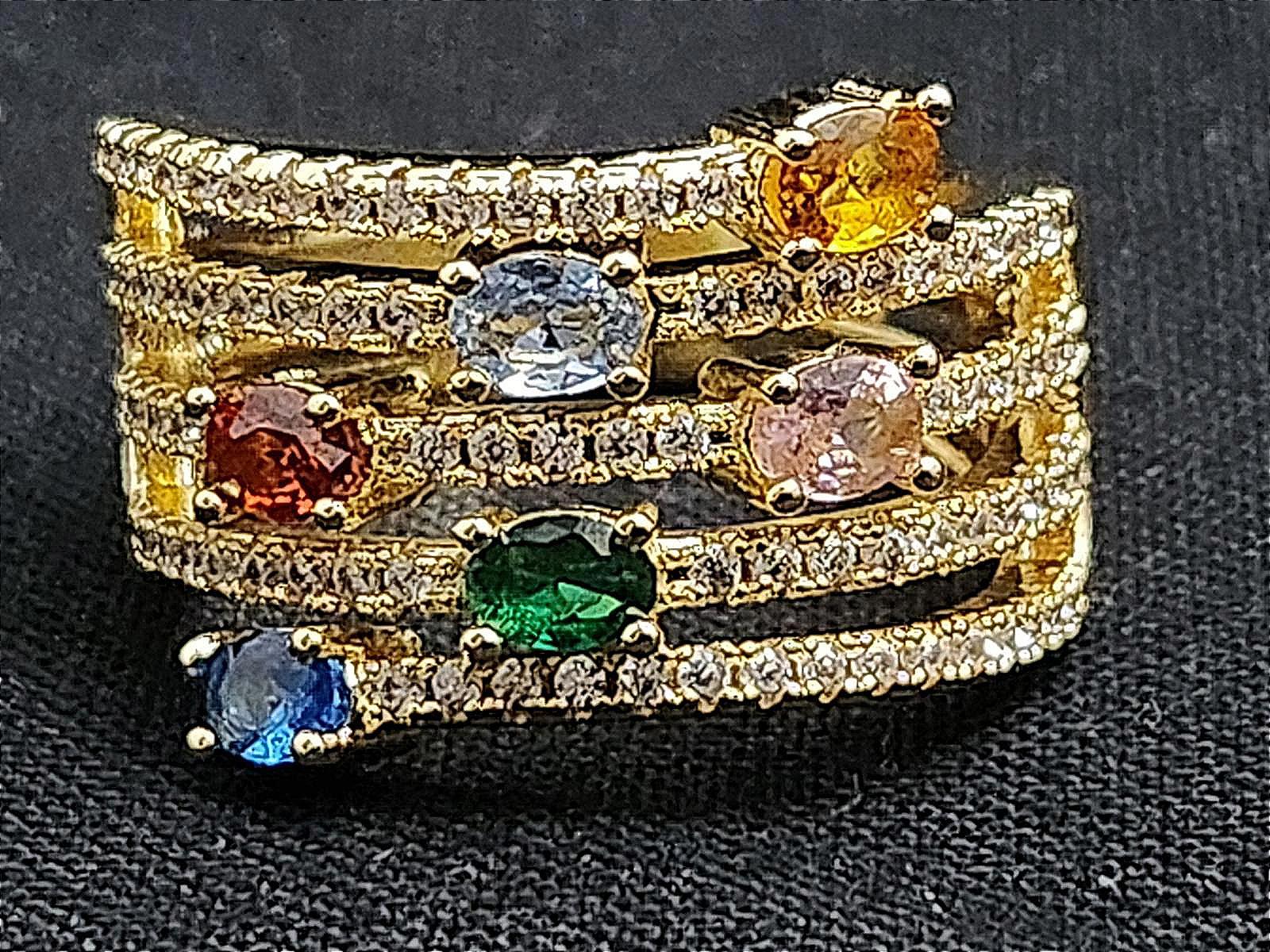 Fabulous Multi-Gemstone CZ Gold-Tone Ring with Pavé CZ Accents