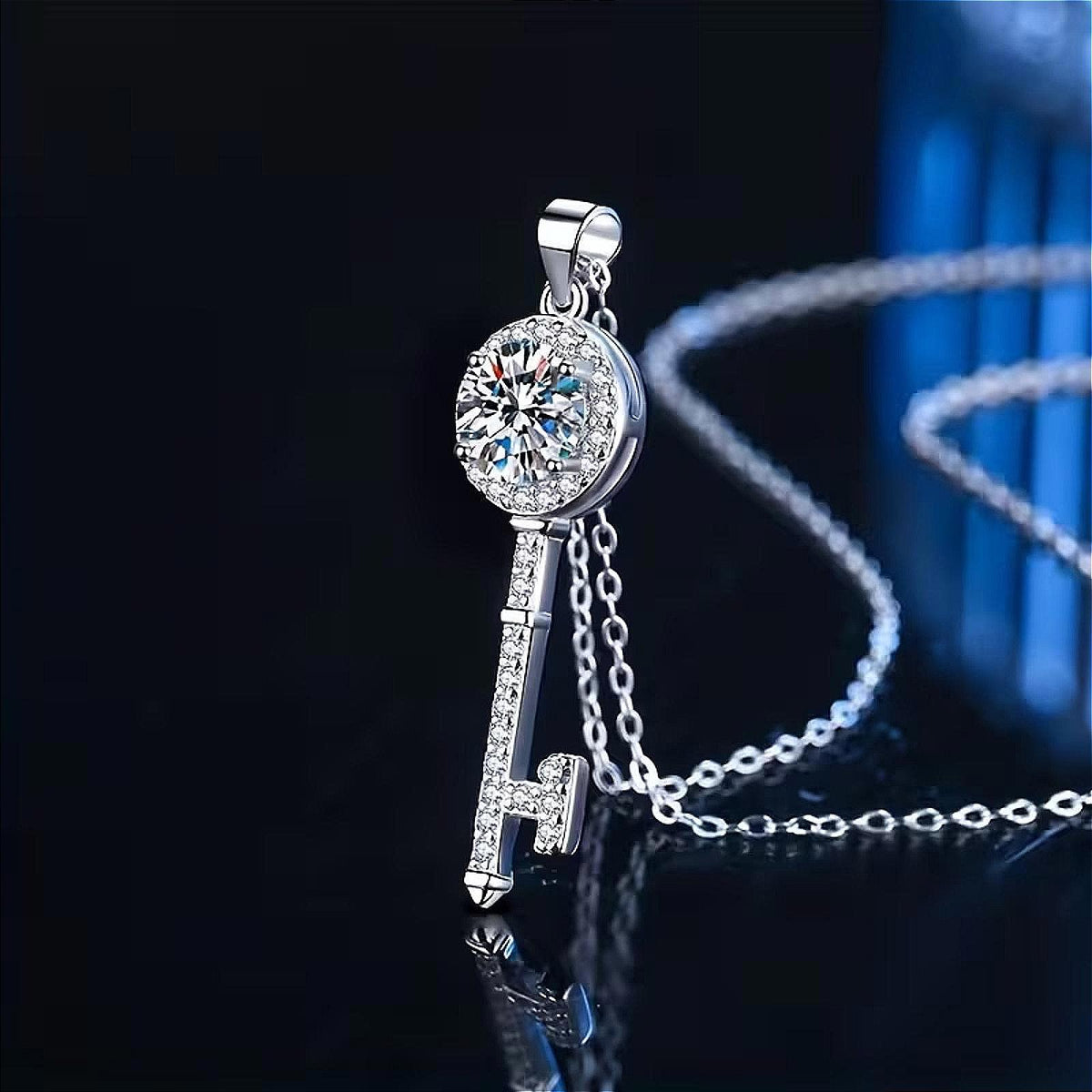 Radiant Moissanite Key Necklace 1 ct. Sterling Plated Pave Accents Ladies 16 in.