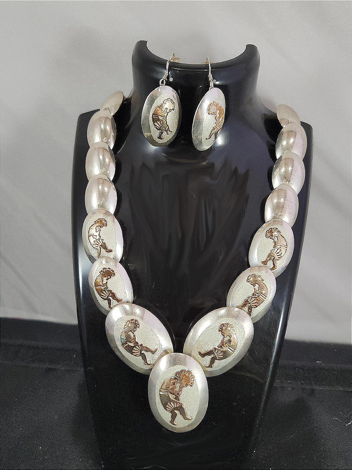 Vintage Native American Pillow Bead Sterling Necklace & Earrings With Kokopelli