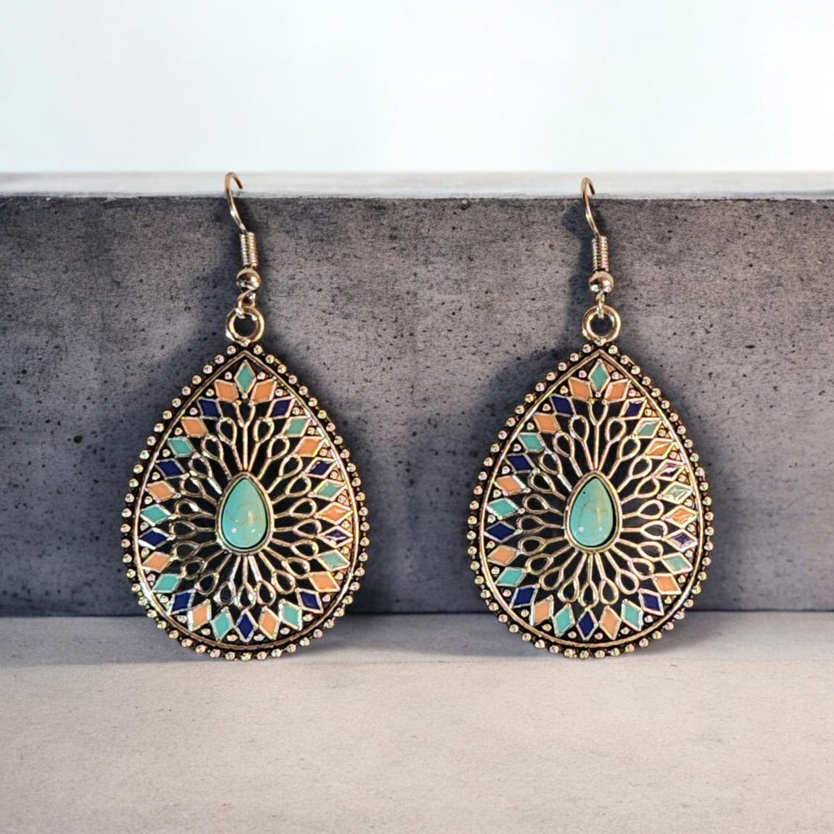 Beautiful Boho-Style Earrings, Silver Filigree-Set Simulated Turquoise & Coral