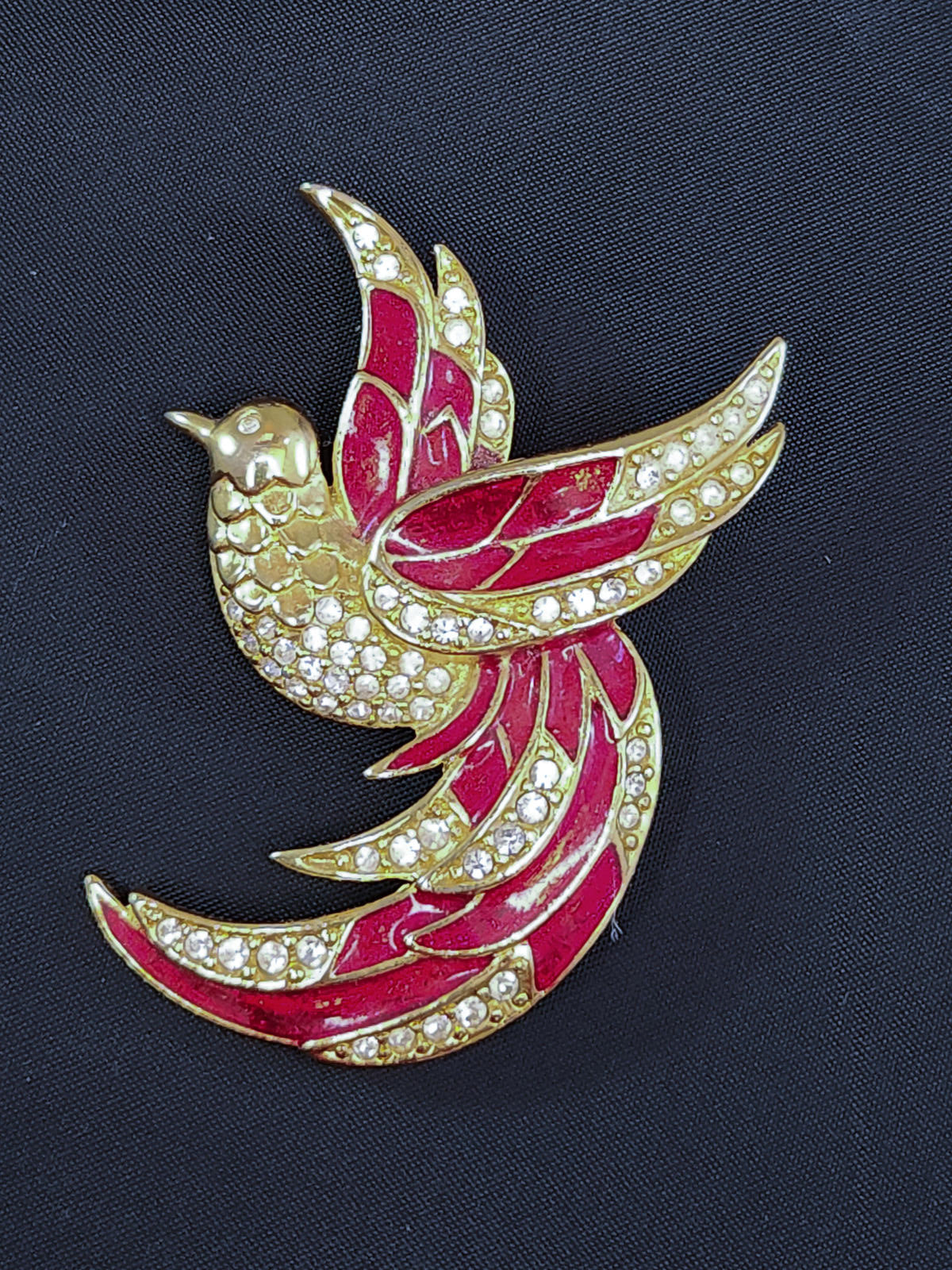 Stunning Vintage Giorgio "Bird of Paradise" Pin, Red Enamel and Crystals, Signed