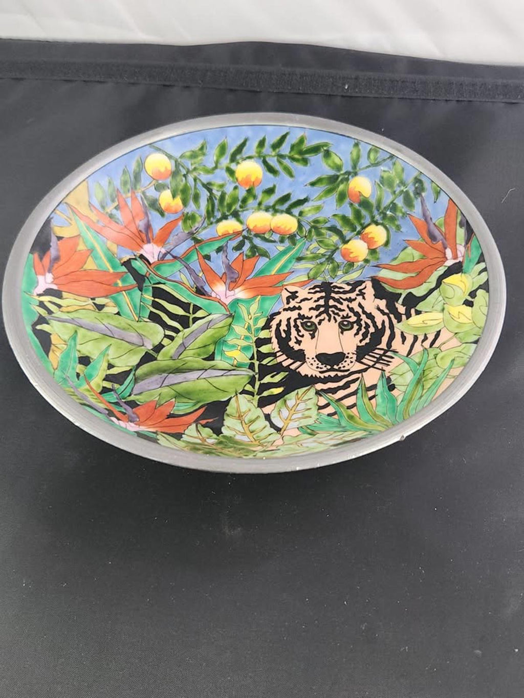 Nieman Marcus Hand-Painted Porcelain and Pewter Bowl w Tiger Vintage Rare