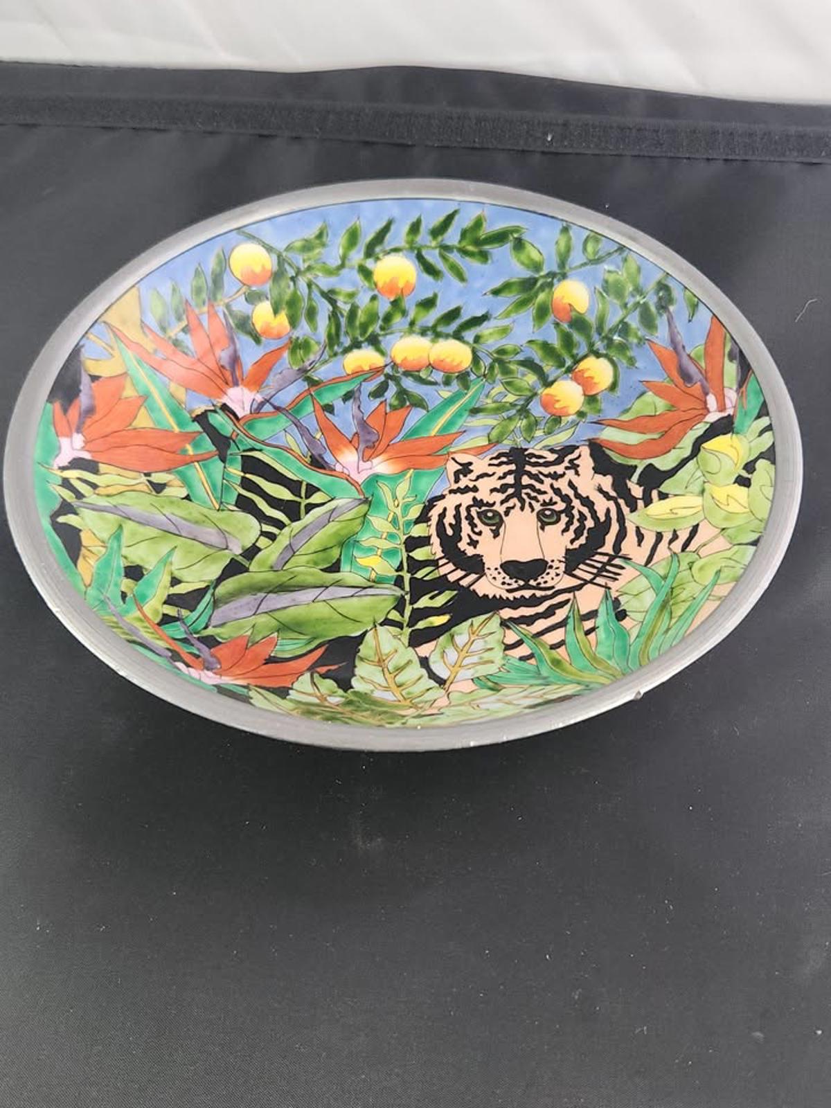 Nieman Marcus Hand-Painted Porcelain and Pewter Bowl w Tiger Vintage Rare