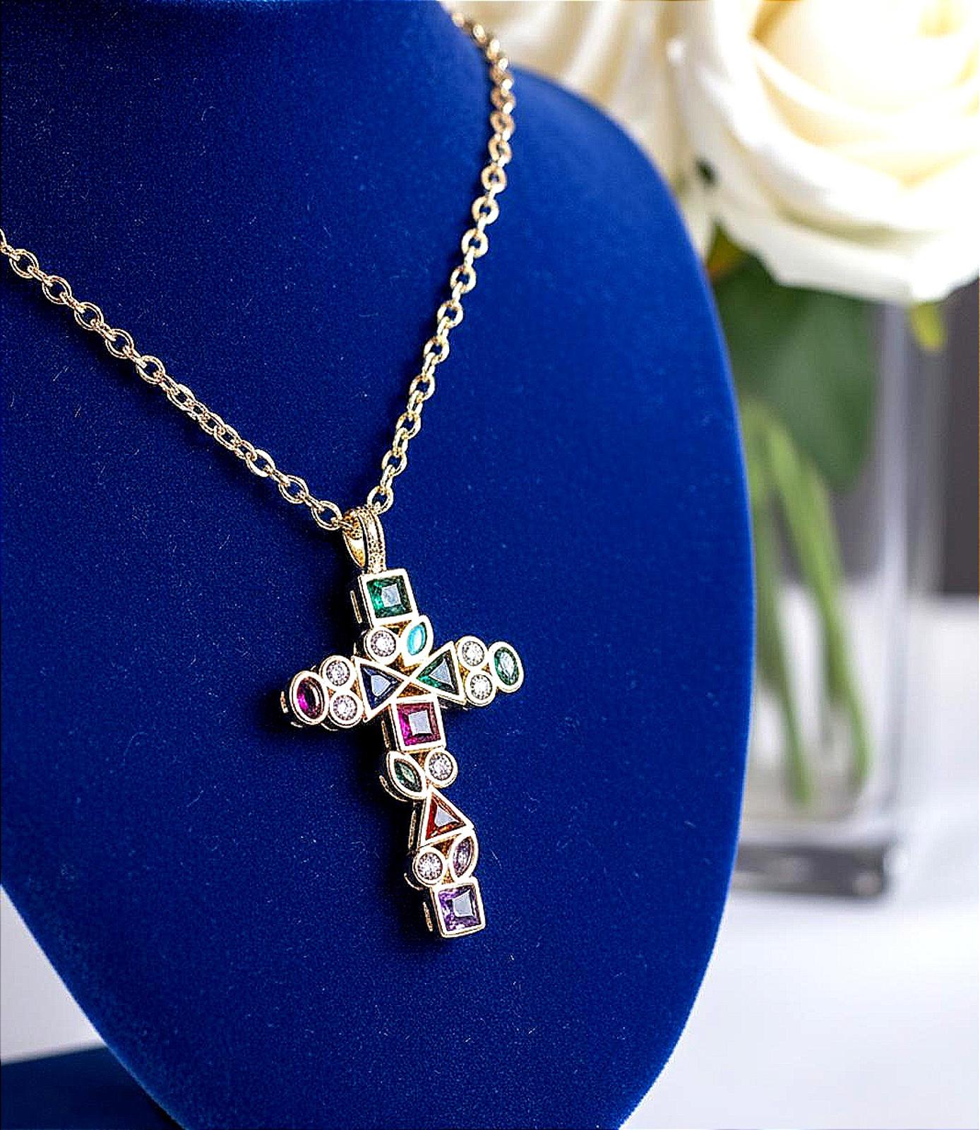 Multicolor Boho Crystal/CZ Cross Pendant, Women's 16 in. with Extender