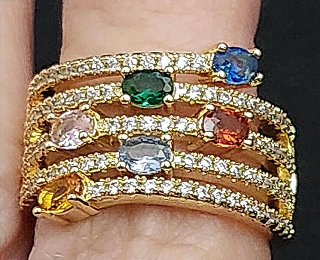 Fabulous Multi-Gemstone CZ Gold-Tone Ring with Pavé CZ Accents