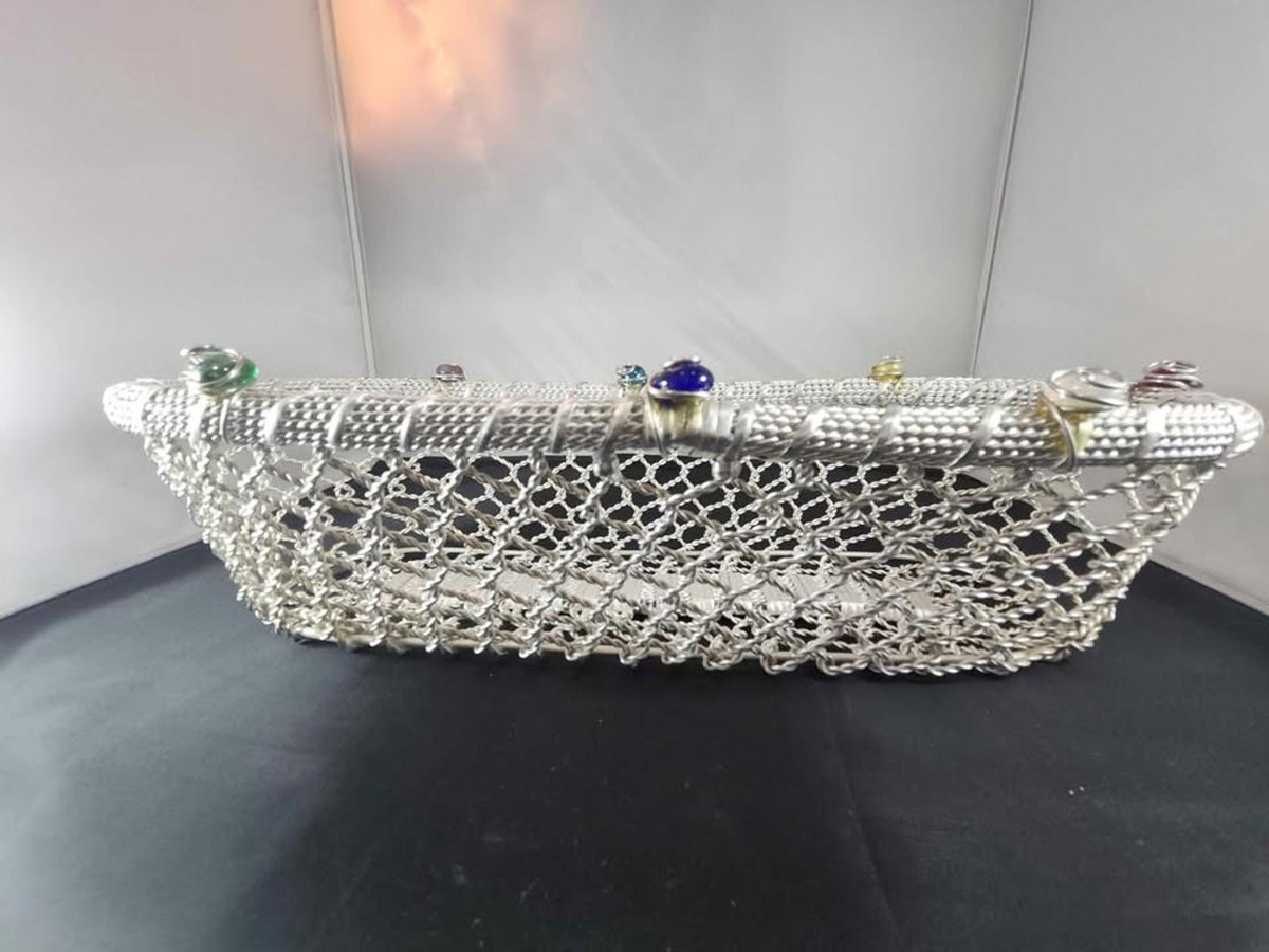 Fabulous Dary Rees Original Woven Wire and Glass Gems Basket Long Oval