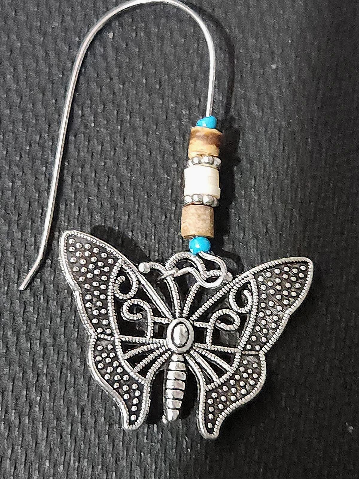 Vintage Boho Silver & Turquoise Butterfly Dangle Earrings