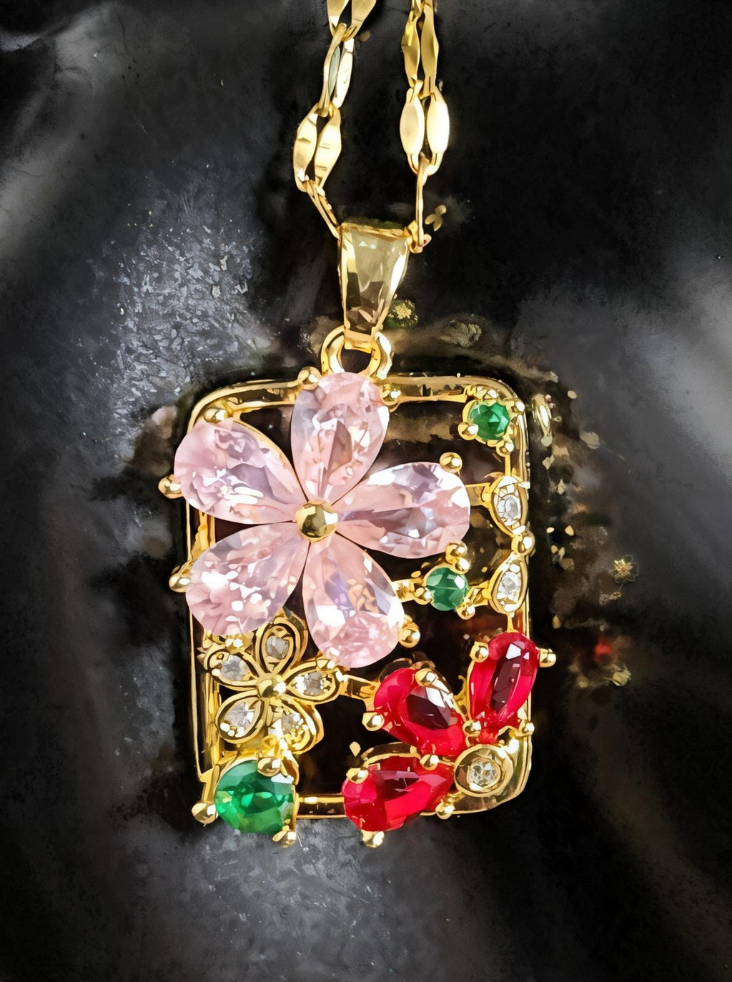 Floral Pendant Crystal Necklace, 16 in, Red, Pink, Green, Clear in Gold Tone