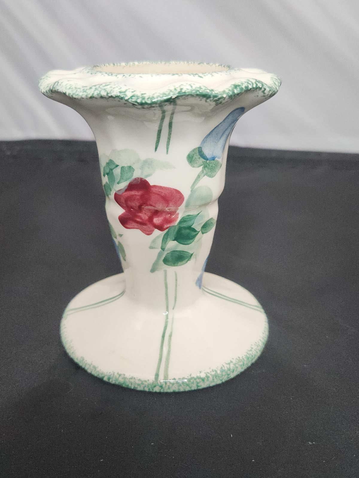 Vintage Painted Candle Holder Ceramic/Porcelain Floral Scalloped Lip
