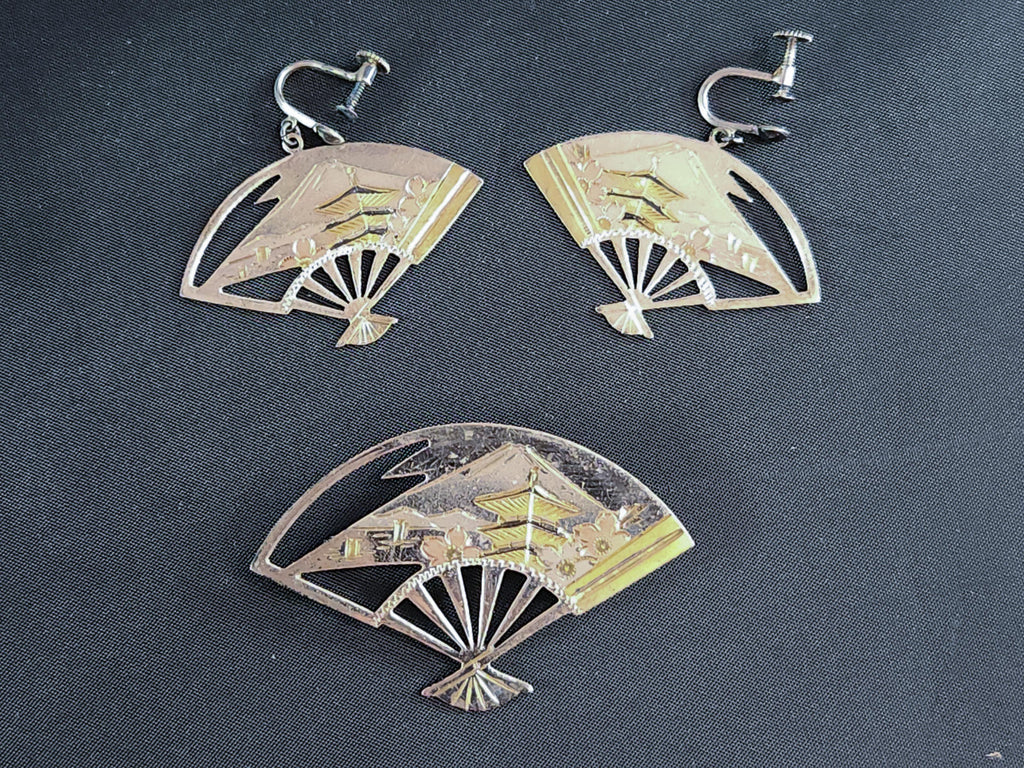 Vintage 1950s Japanese Pin & Earrings Silver