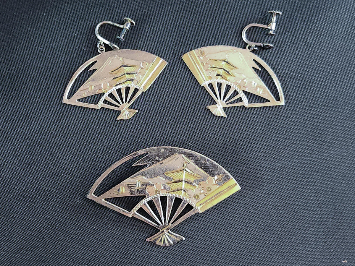 Vintage 1950s Japanese Pin & Earrings Silver