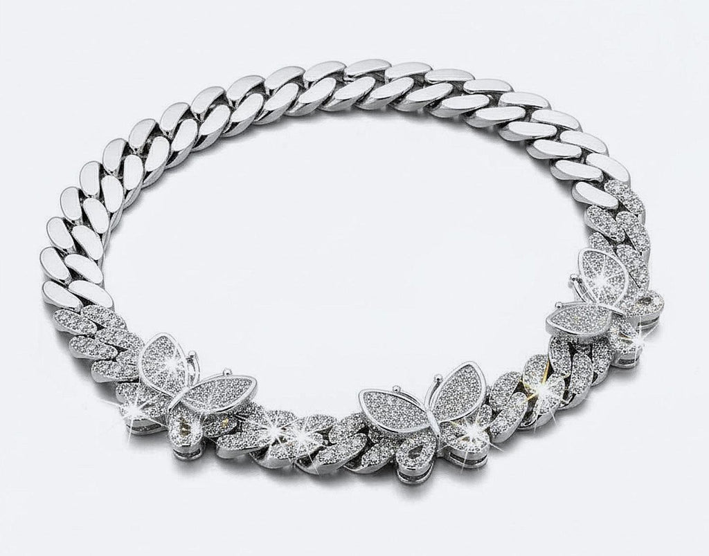 Wonderful CZ Butterfly, Cuban-Link Bracelet, Silver Plated 7in. Ladies Hip Hop