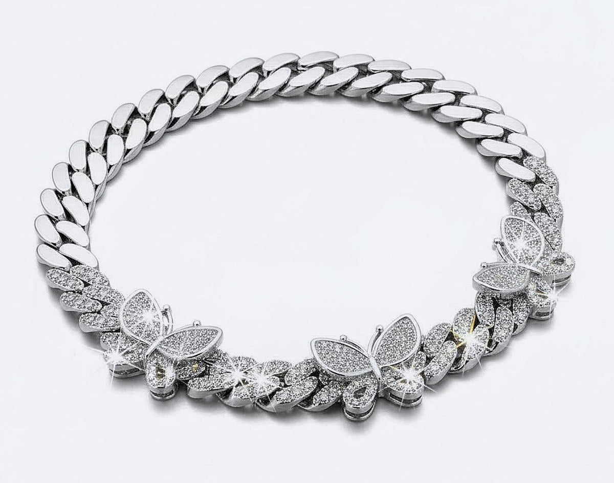 Wonderful CZ Butterfly, Cuban-Link Bracelet, Silver Plated 7in. Ladies Hip Hop