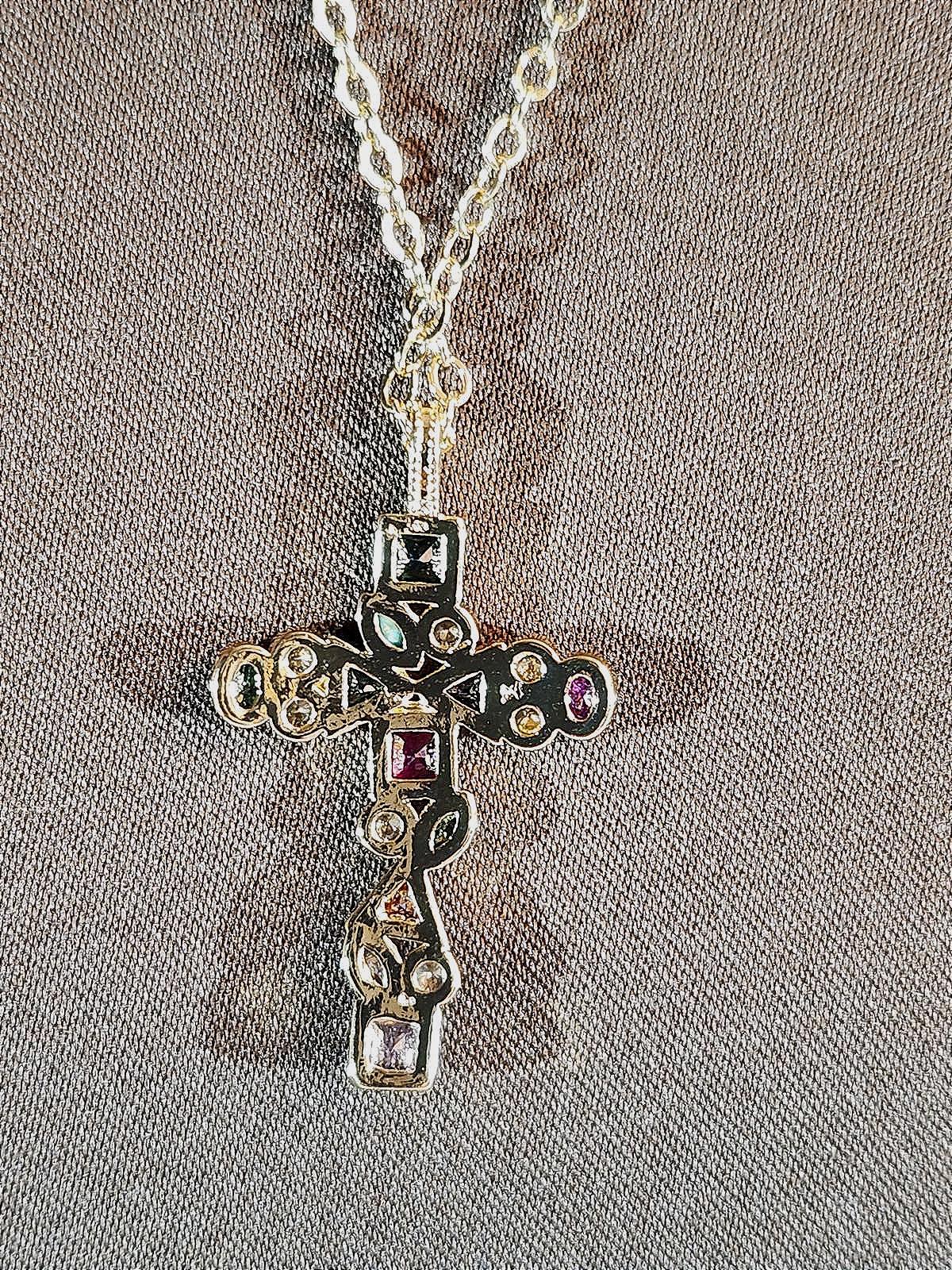 Multicolor Boho Crystal/CZ Cross Pendant, Women's 16 in. with Extender