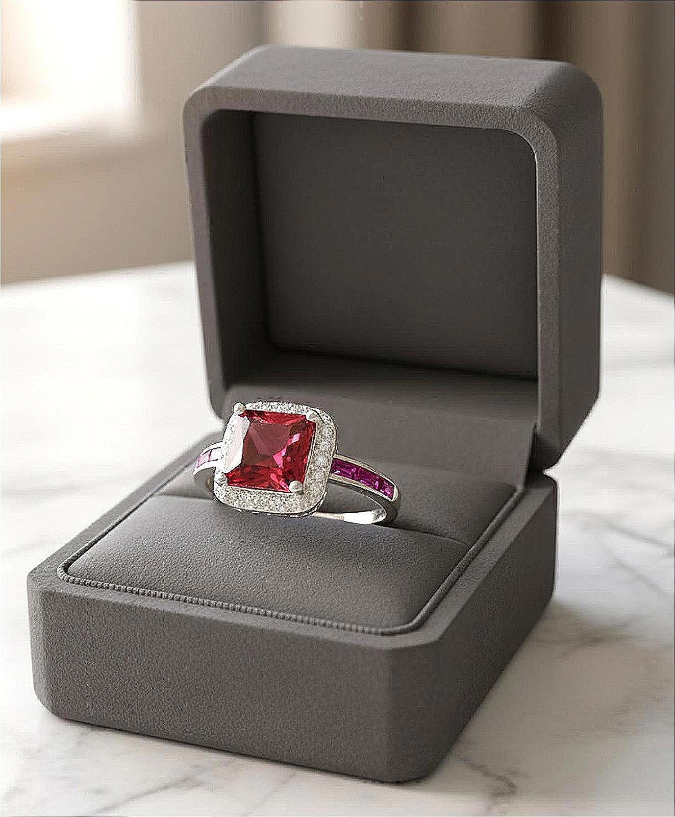 Elegant Ruby AAA CZ Ring With Halo 7mm Sterling Silver Ladies Size 6.75